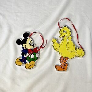 Vtg Sesame Street Big Bird Disney Mickey Mouse‎ Wooden Christmas Ornaments